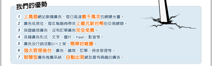 我們的優勢
			1.上萬個網站聯播廣告，每日高達數千萬次的總曝光量。 
2.廣告成效佳，每年幫廠商帶來上億元新台幣的交易總額。 
3.保證績效廣告，沒有訂單廣告完全免費。 
4.各種廣告形式，文字，圖片，flash，影音等。 
5.廣告及行銷活動DIY上架，簡單好維護。
6.強大管理後台，廣告、績效、訂單、佣金管理等。 
7.智慧型廣告推薦系統，自動出現網友最有興趣的廣告。  